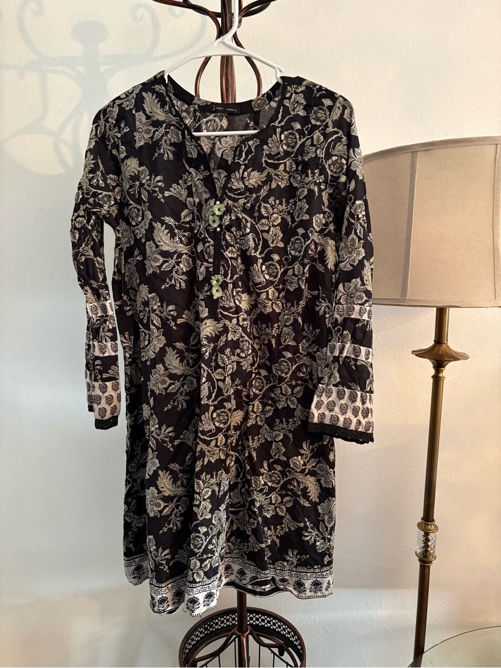 Black Floral Long Tunic with Ivory Print